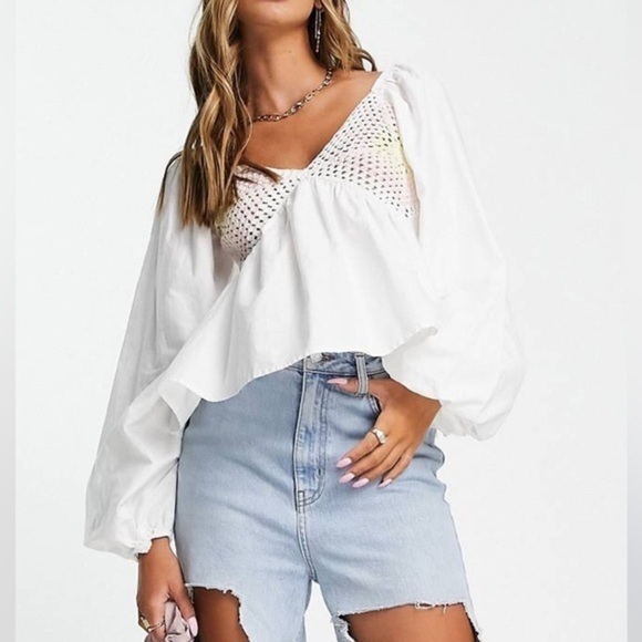 NWOT ASOS DESIGN v neck crochet top with frill sleeve and peplum hem size US 6 - Picture 3 of 10